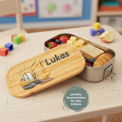 Personalisierte Brotdose Edelstahl Kinder mit Namen | Bagger Lunchbox personalisiert
