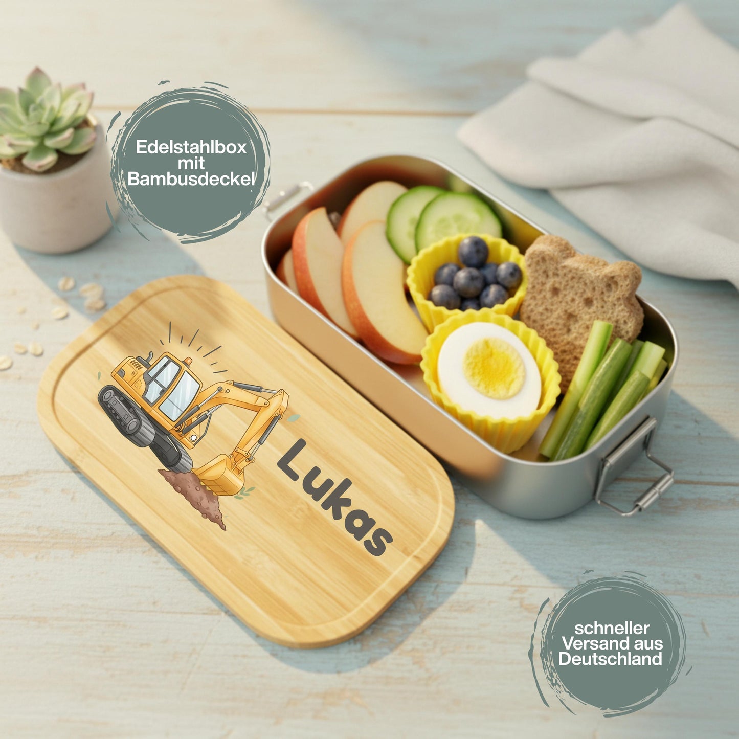 Personalisierte Brotdose Edelstahl Kinder mit Namen | Bagger Lunchbox personalisiert