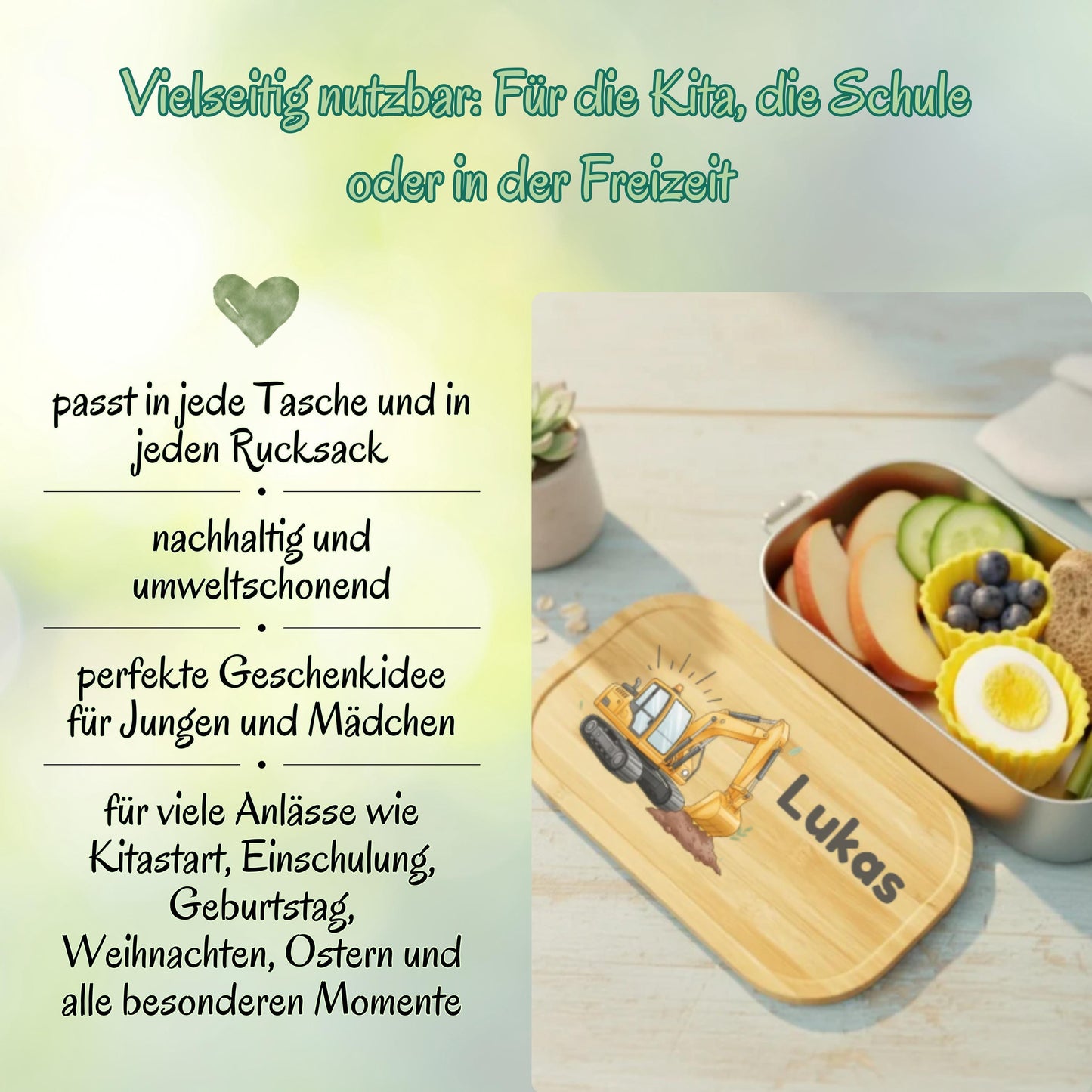 Personalisierte Brotdose Edelstahl Kinder mit Namen | Bagger Lunchbox personalisiert