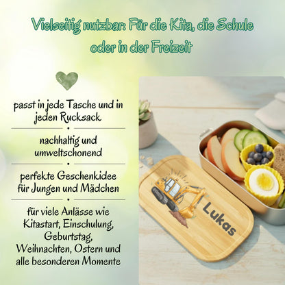 Personalisierte Brotdose Edelstahl Kinder mit Namen | Bagger Lunchbox personalisiert