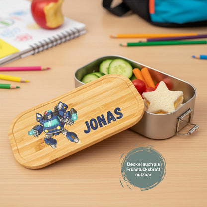 Personalisierte Brotdose Edelstahl Kinder mit Namen | Roboter & Polizei Lunchbox Kindergarten & Schule