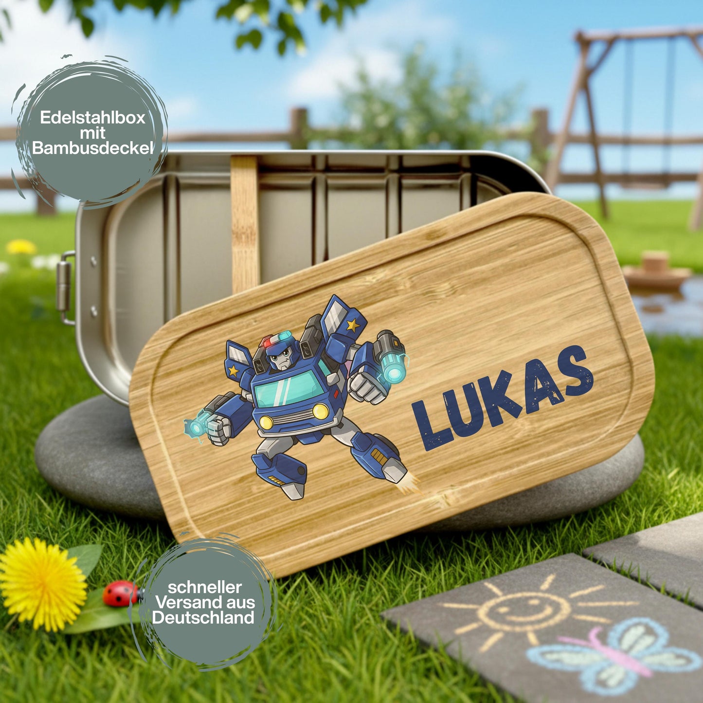 Personalisierte Brotdose Edelstahl Kinder mit Namen | Roboter & Polizei Lunchbox Kindergarten & Schule