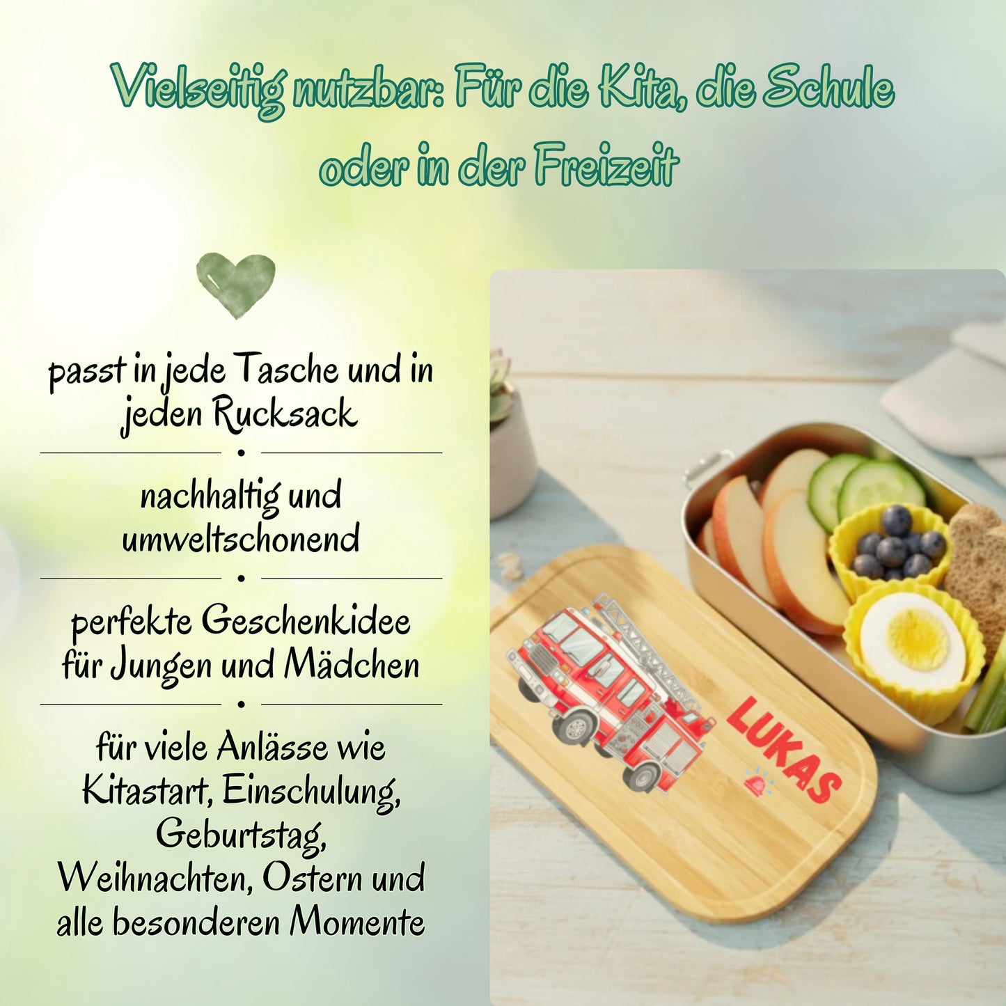 Personalisierte Brotdose Edelstahl Kinder mit Namen | Feuerwehr Lunchbox Kindergarten & Schule