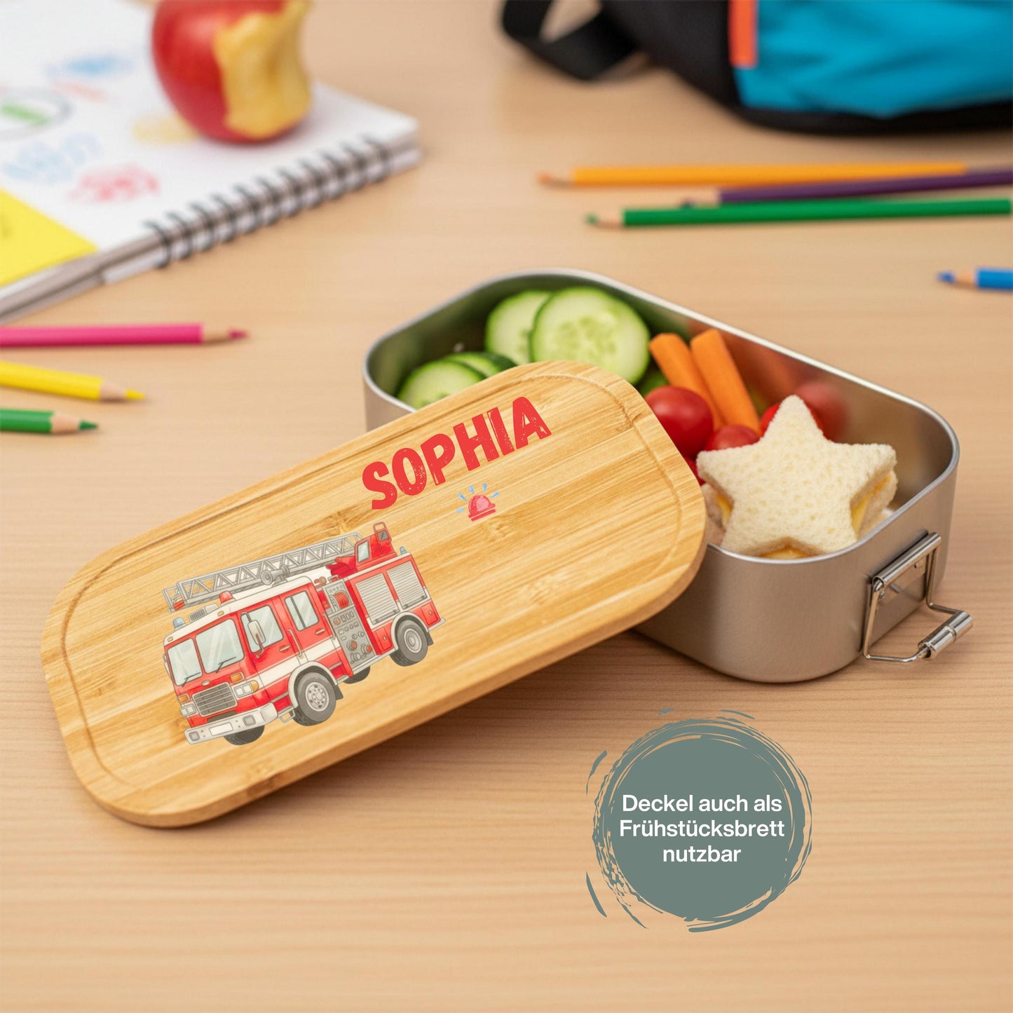 Personalisierte Brotdose Edelstahl Kinder mit Namen | Feuerwehr Lunchbox Kindergarten & Schule