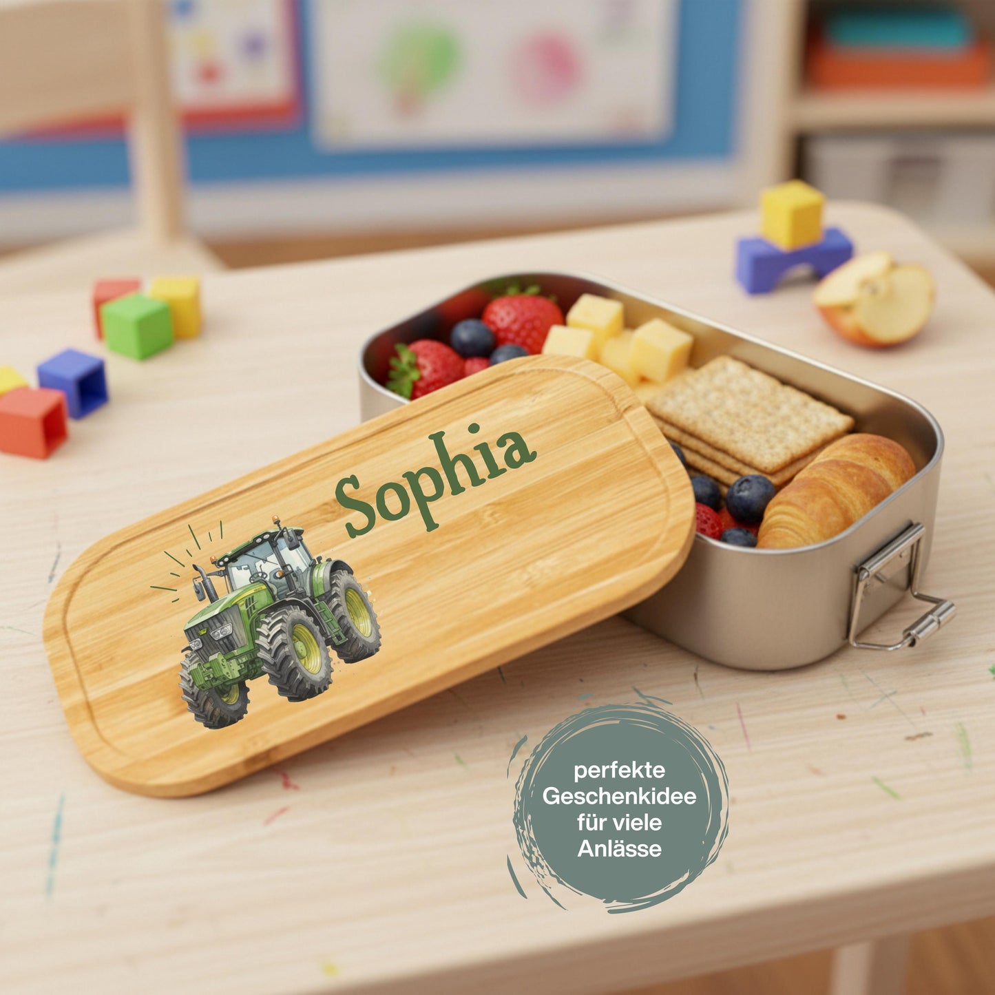 Personalisierte Brotdose Edelstahl Kinder mit Namen | Traktor Lunchbox Kindergarten & Schule
