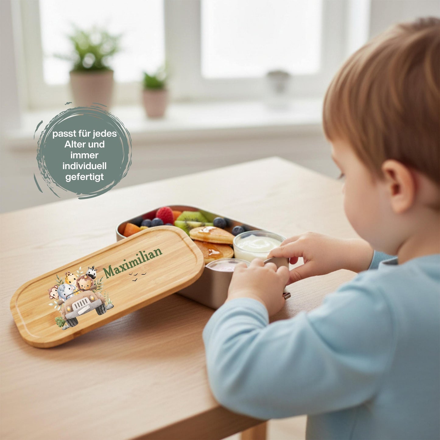 Personalisierte Brotdose Edelstahl Kinder mit Namen | Safari Tiere Lunchbox Kindergarten & Schule