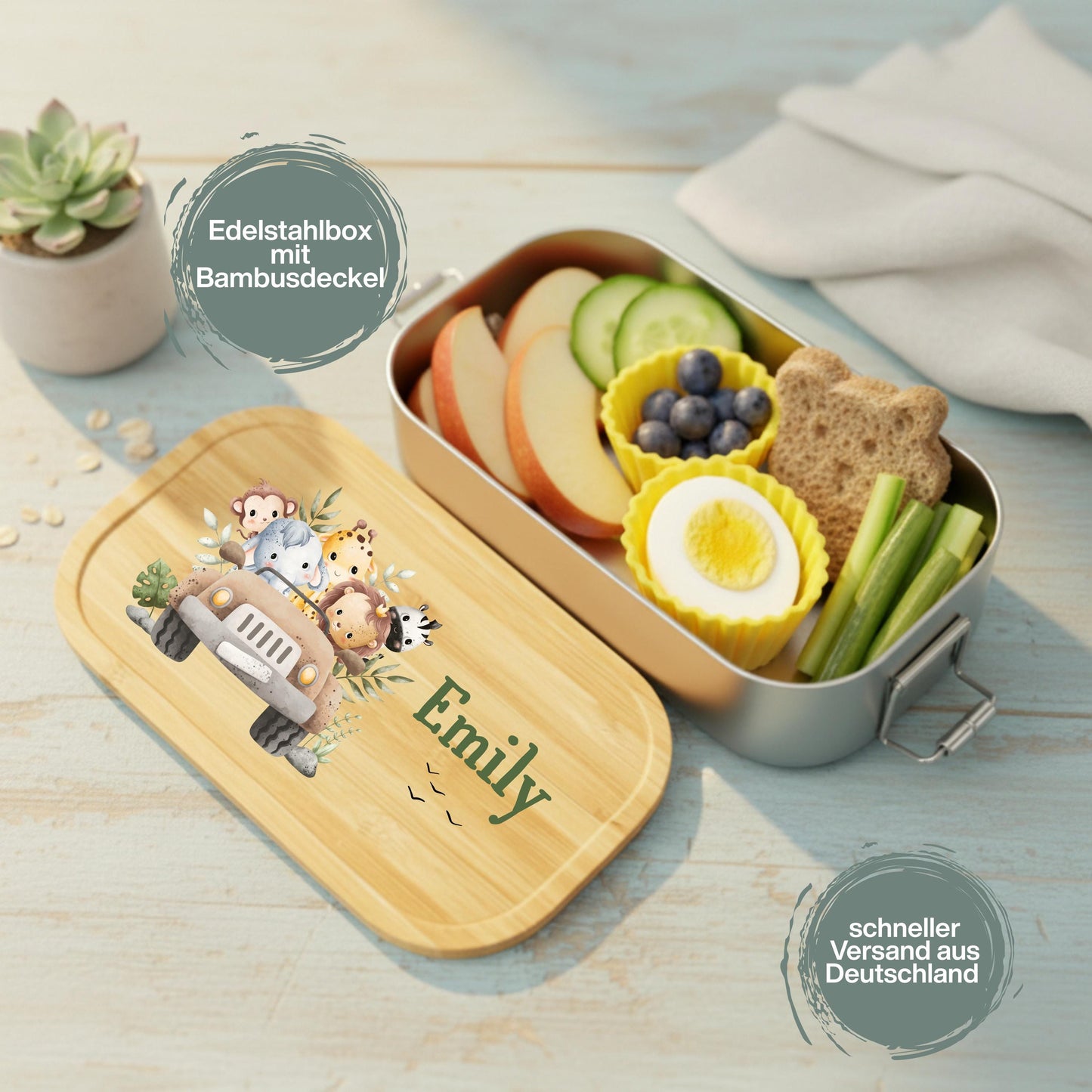 Personalisierte Brotdose Edelstahl Kinder mit Namen | Safari Tiere Lunchbox Kindergarten & Schule