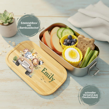 Personalisierte Brotdose Edelstahl Kinder mit Namen | Safari Tiere Lunchbox Kindergarten & Schule