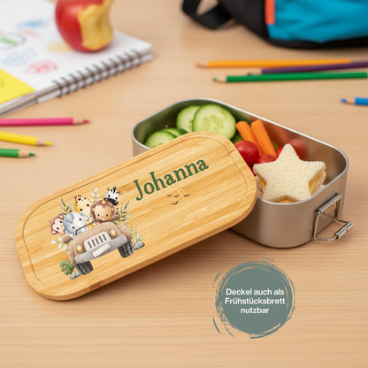 Personalisierte Brotdose Edelstahl Kinder mit Namen | Safari Tiere Lunchbox Kindergarten & Schule