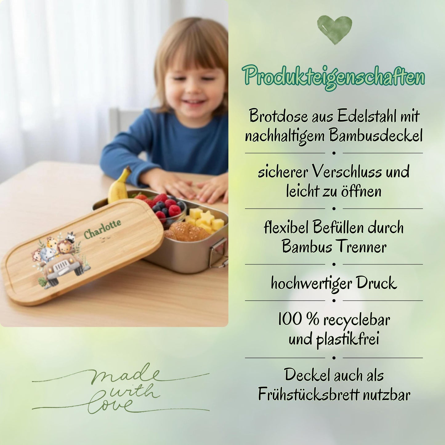 Personalisierte Brotdose Edelstahl Kinder mit Namen | Safari Tiere Lunchbox Kindergarten & Schule