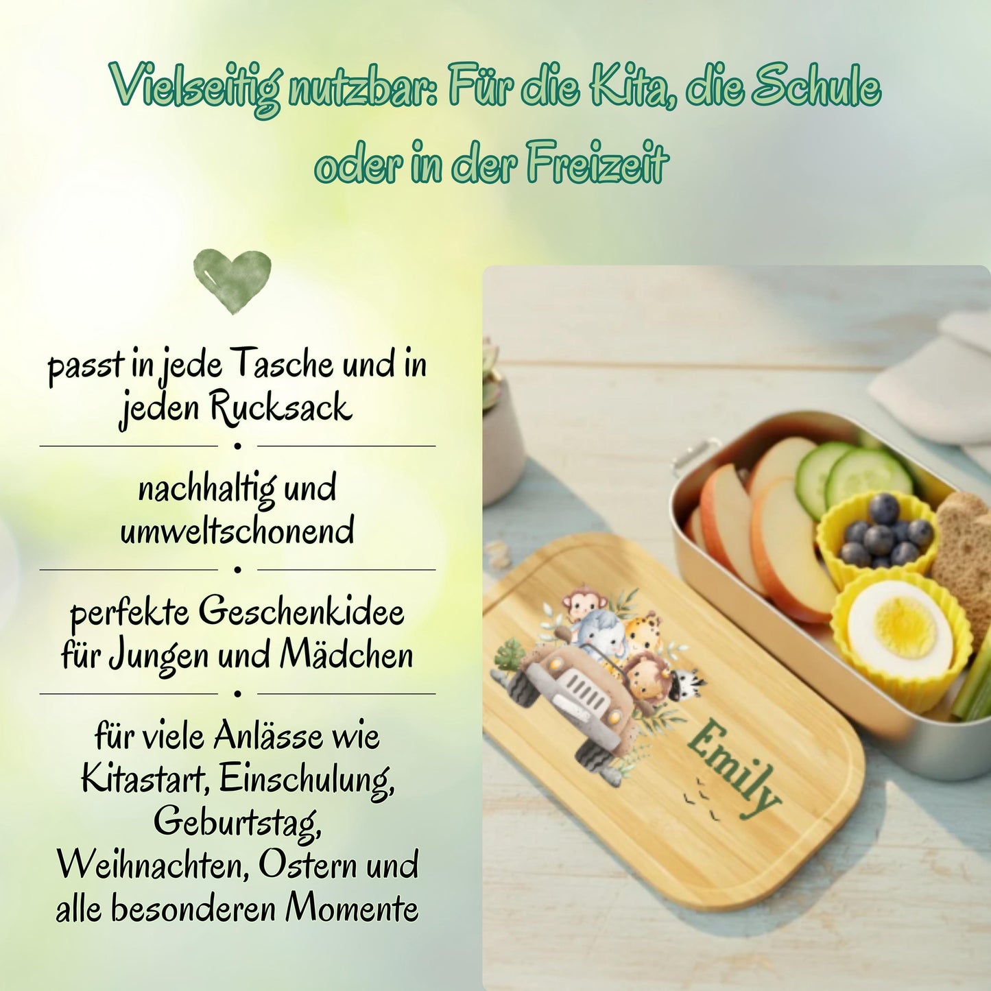 Personalisierte Brotdose Edelstahl Kinder mit Namen | Safari Tiere Lunchbox Kindergarten & Schule