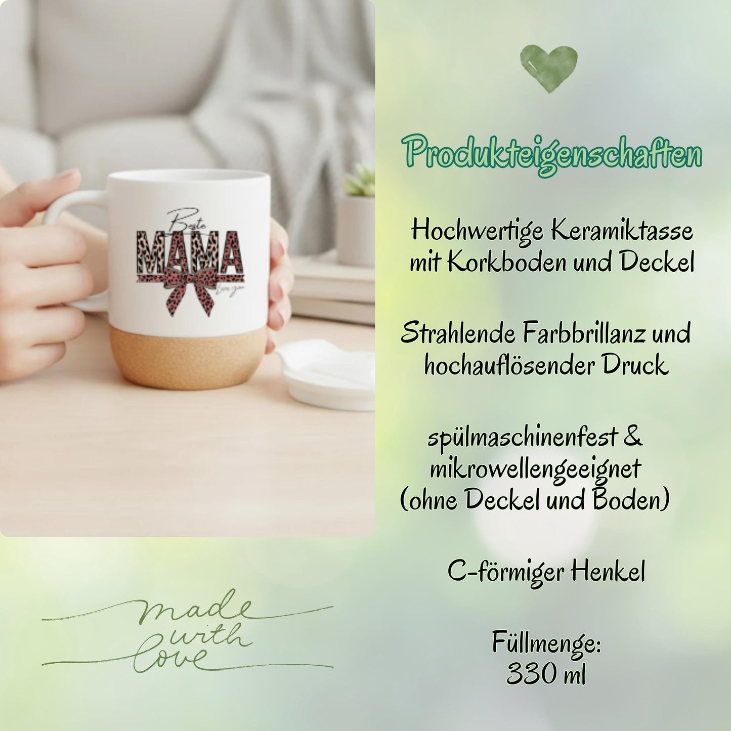 Korktasse Beste Mama Love You mit Leoparden-Print & Schleife | Geschenk Mama Muttertag
