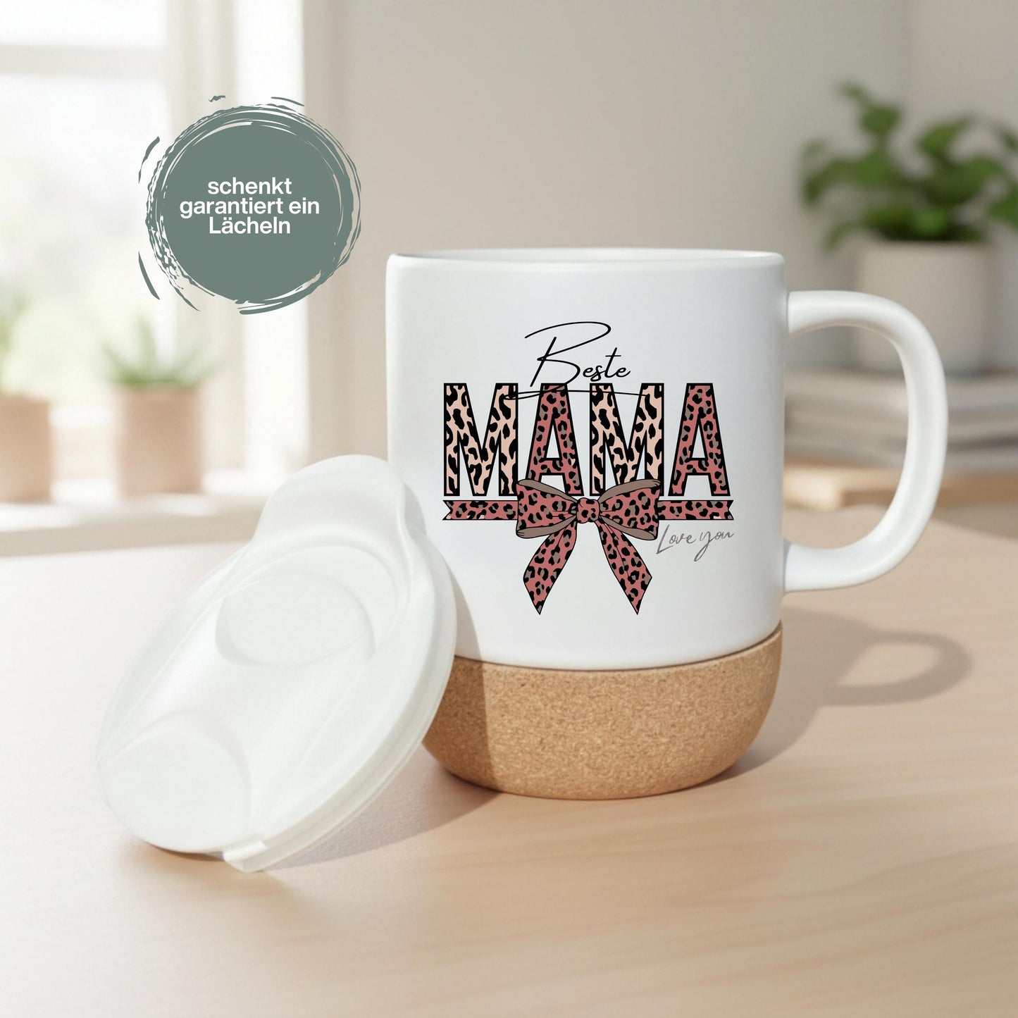 Korktasse Beste Mama Love You mit Leoparden-Print & Schleife | Geschenk Mama Muttertag