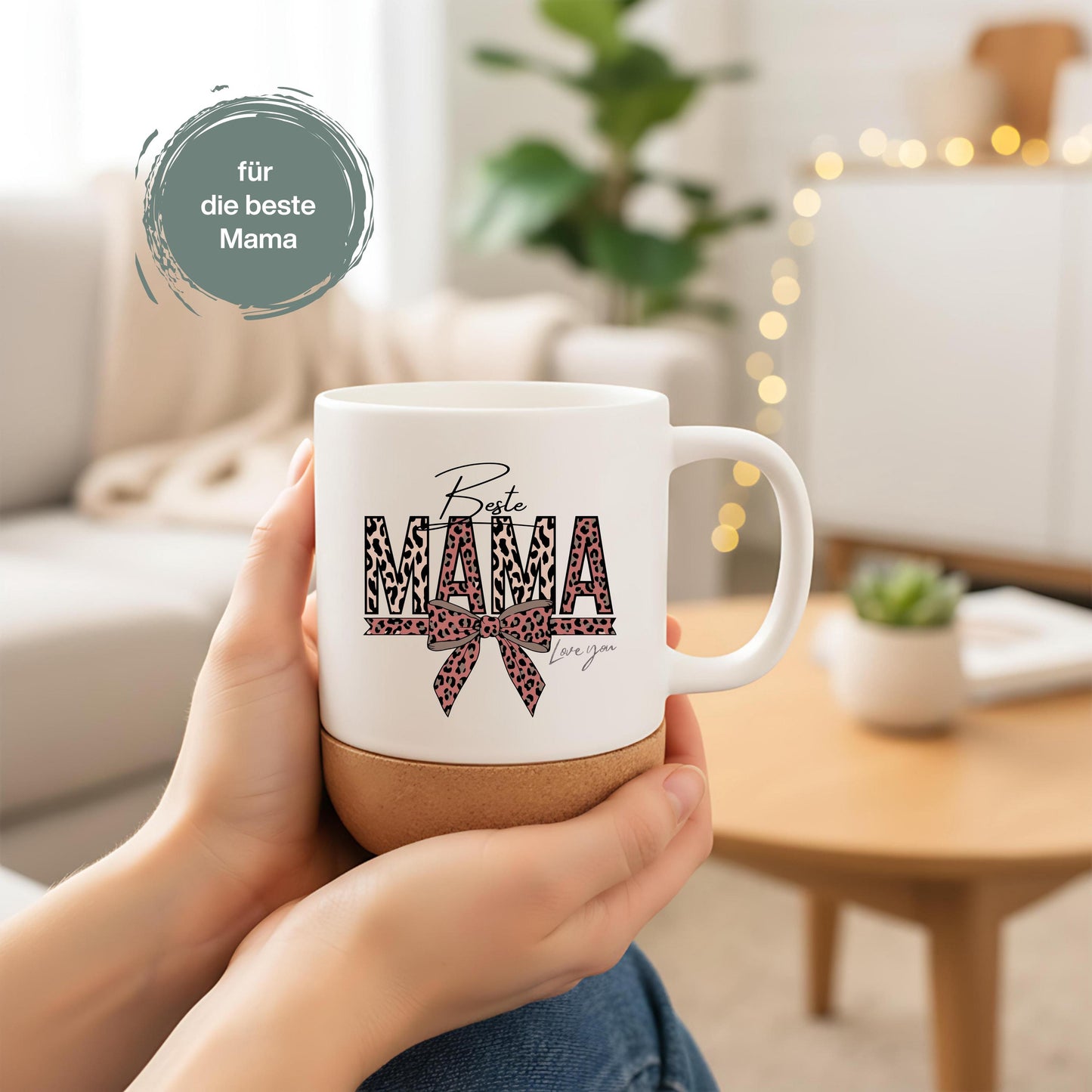 Korktasse Beste Mama Love You mit Leoparden-Print & Schleife | Geschenk Mama Muttertag
