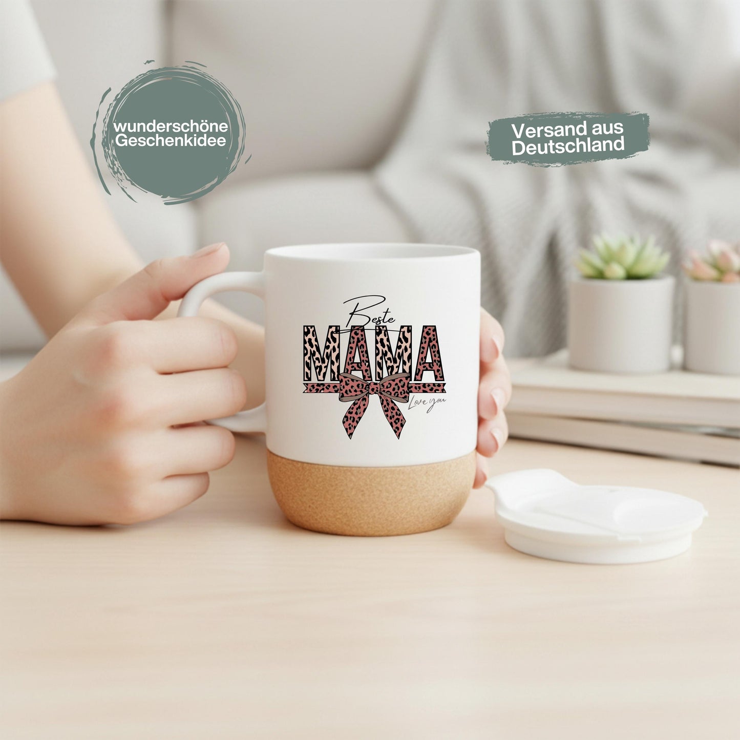 Korktasse Beste Mama Love You mit Leoparden-Print & Schleife | Geschenk Mama Muttertag