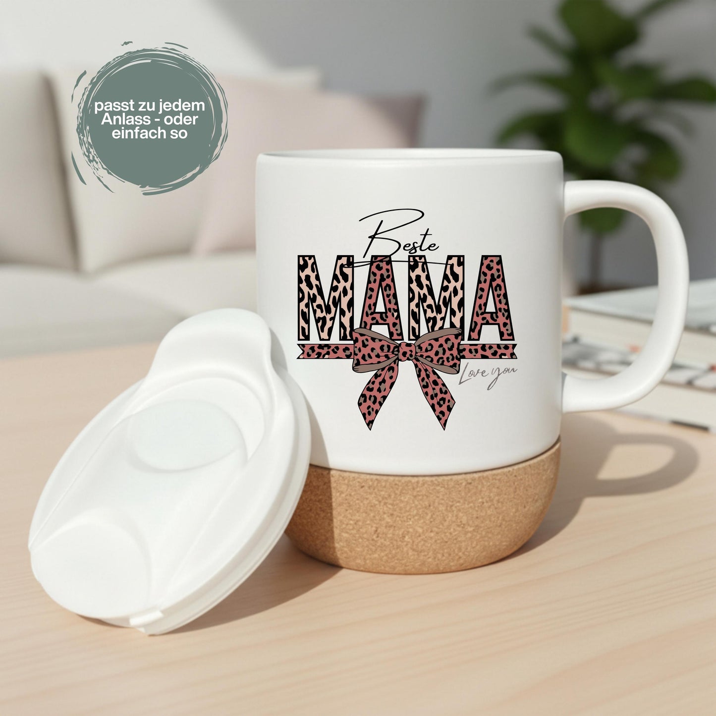 Korktasse Beste Mama Love You mit Leoparden-Print & Schleife | Geschenk Mama Muttertag