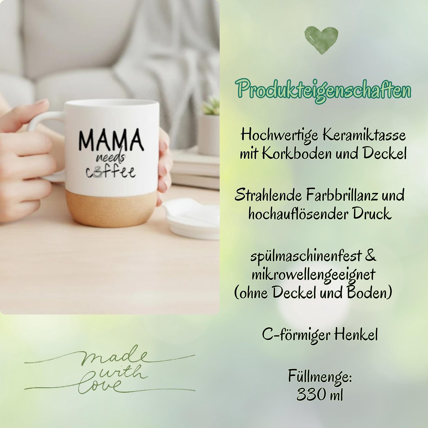 Korktasse Mama needs Coffee | Lustige Mama Tasse | Geschenk Mama Geburtstag