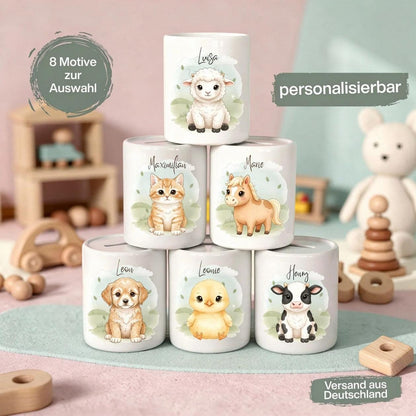 Spardose Tiere personalisiert mit Namen | Kinderspardose Bauernhof | Geschenk Geburt Taufe Geburtstag Weihnachten