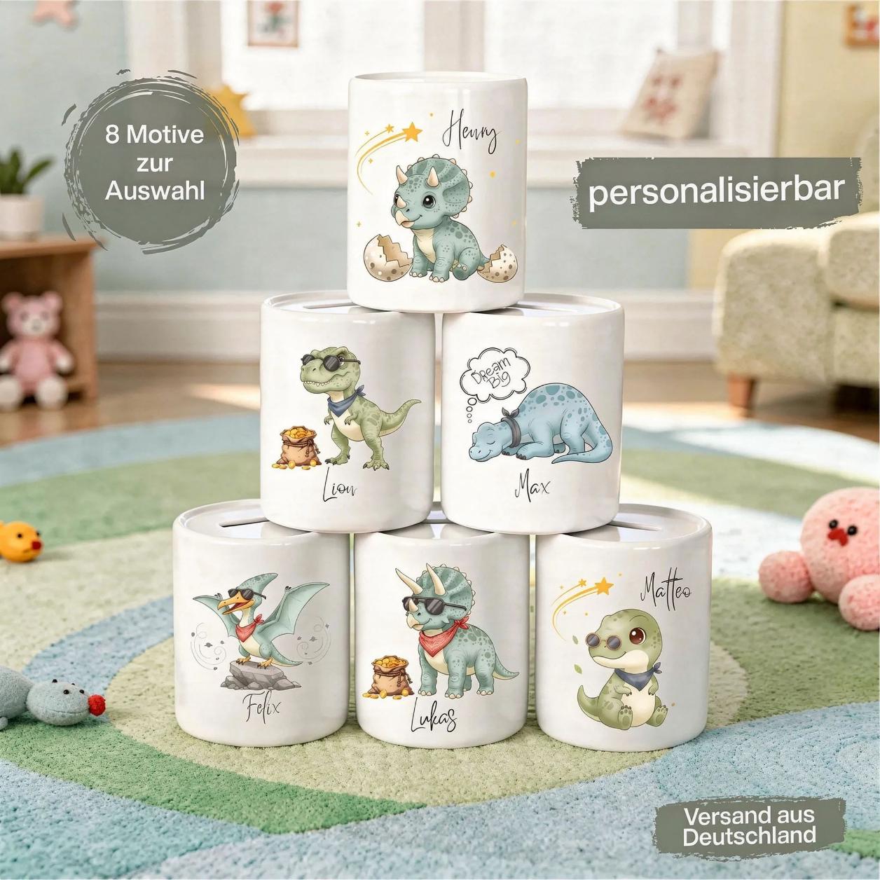 Spardose Dino personalisiert mit Namen | Kinderspardose Dinosaurier | Geschenk Geburt