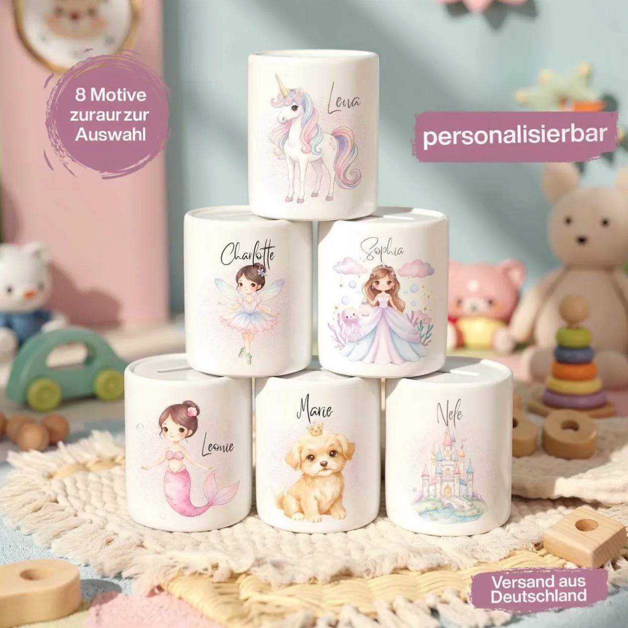 Spardose Mädchen personalisiert mit Namen | Kinderspardose Einhorn Prinzessin | Geschenk Geburt Taufe Geburtstag