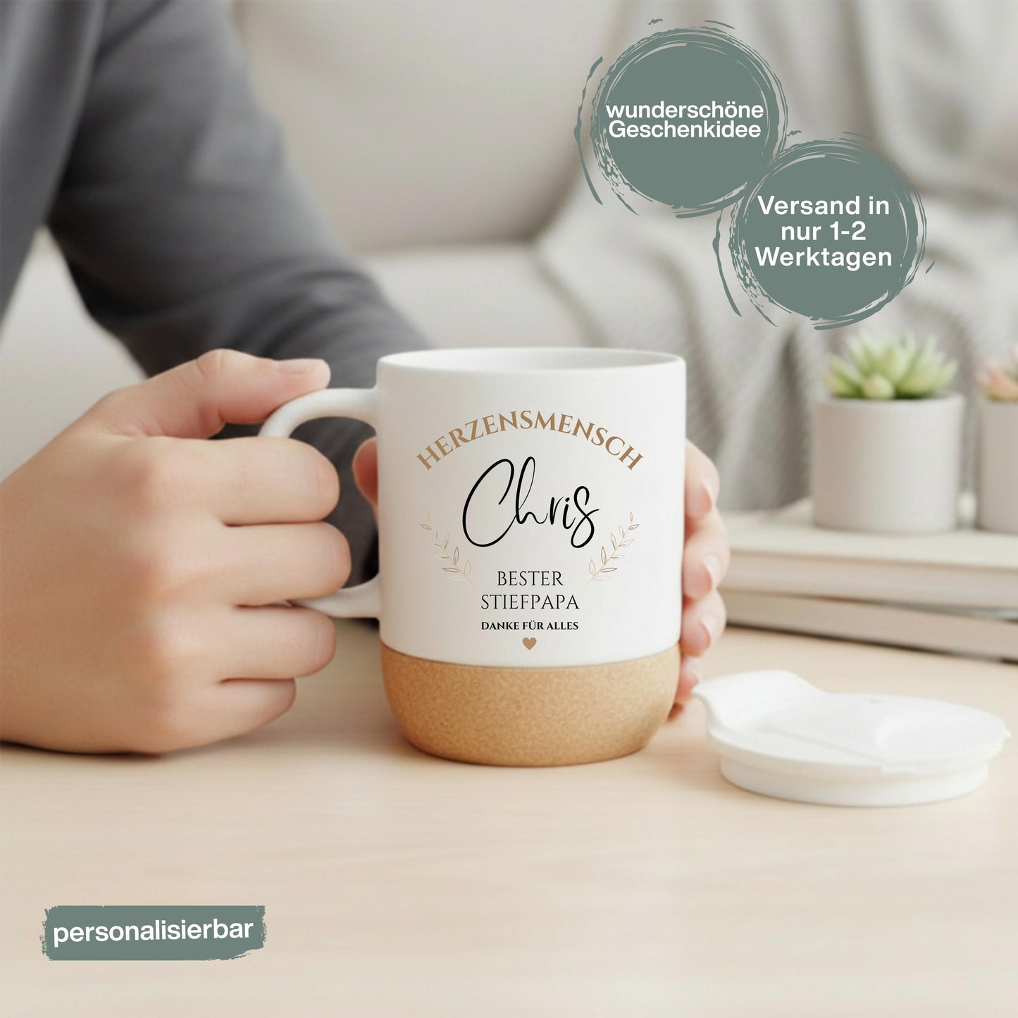 Stiefpapa Tasse personalisiert mit Namen | Korktasse Bonuspapa Geschenk Geburtstag