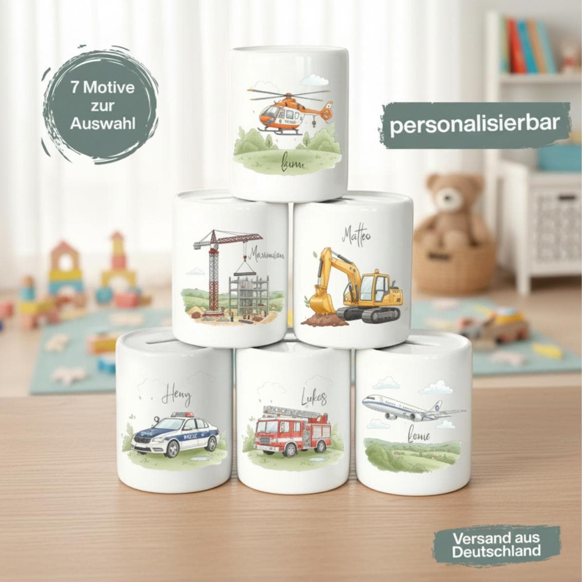 Spardose Fahrzeuge personalisiert mit Namen | Kinderspardose Junge | Geschenk Geburt