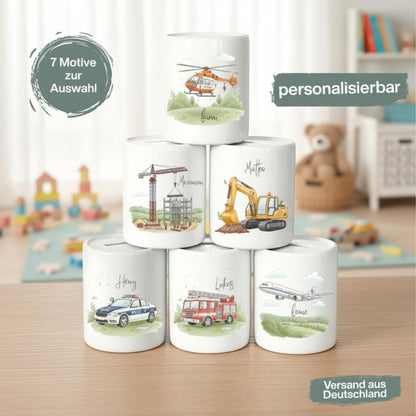 Spardose Fahrzeuge personalisiert mit Namen | Kinderspardose Junge | Geschenk Geburt