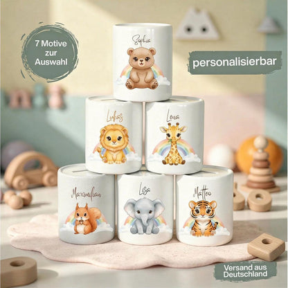 Spardose Tiere personalisiert mit Namen | Kinderspardose Löwe Giraffe Bär | Geschenk Geburt Taufe Geburtstag