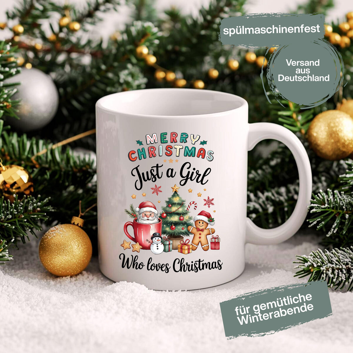 Weihnachtstasse mit Spruch „Just a Girl Who Loves Christmas“ als ideales Geschenk für Frauen, die Weihnachten lieben. Die Keramiktasse zeigt ein buntes Motiv mit Santa Claus, Tannenbaum, Geschenken, Zuckerstange und Lebkuchenmann. Perfekt als Wichtelgeschenk, Weihnachtsgeschenk für Freundin, Schwester oder Kollegin. Tasse Weihnachten Frau, Geschenkidee Weihnachten Frau, weihnachtliche Kaffeetasse für Weihnachtsfans. Spülmaschinenfest & mikrowellengeeignet – ideal für alle Christmas Girls.