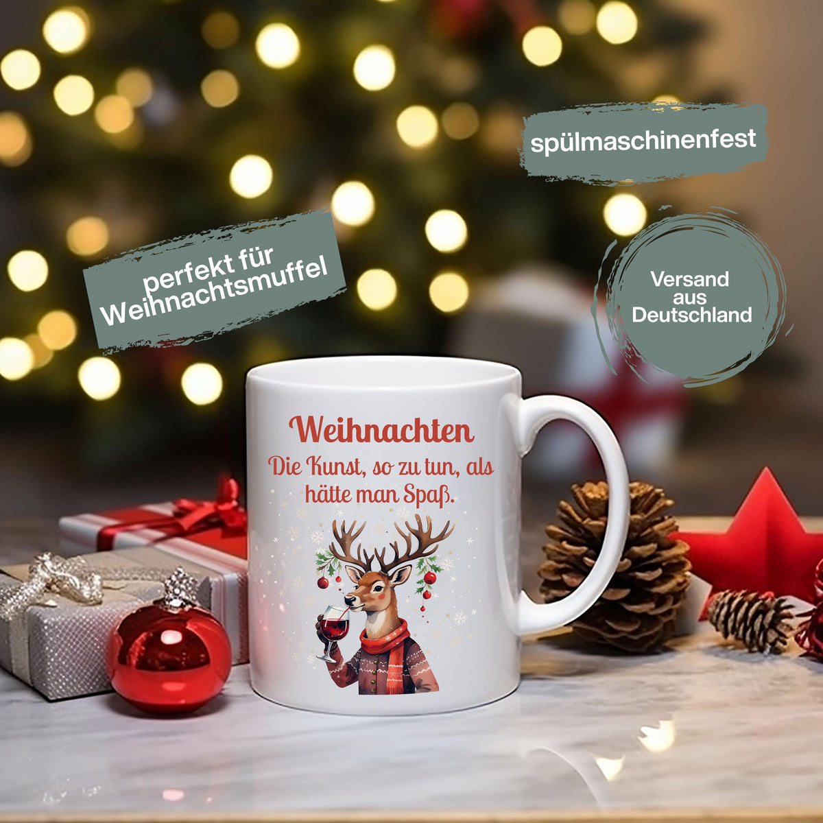 Lustige Anti-Weihnachtstasse mit Spruch | Geschenk Weihnachten Kollegin Freund Familie | Weihnachtsbecher mit Rentier | Wichtelgeschenk