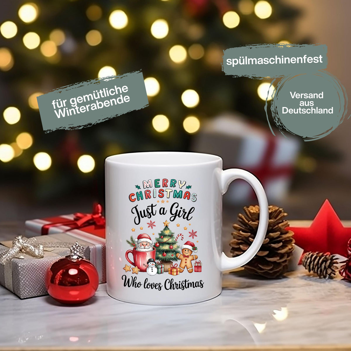 Weihnachtstasse mit Spruch „Just a Girl Who Loves Christmas“ als ideales Geschenk für Frauen, die Weihnachten lieben. Die Keramiktasse zeigt ein buntes Motiv mit Santa Claus, Tannenbaum, Geschenken, Zuckerstange und Lebkuchenmann. Perfekt als Wichtelgeschenk, Weihnachtsgeschenk für Freundin, Schwester oder Kollegin. Tasse Weihnachten Frau, Geschenkidee Weihnachten Frau, weihnachtliche Kaffeetasse für Weihnachtsfans. Spülmaschinenfest & mikrowellengeeignet – ideal für alle Christmas Girls.