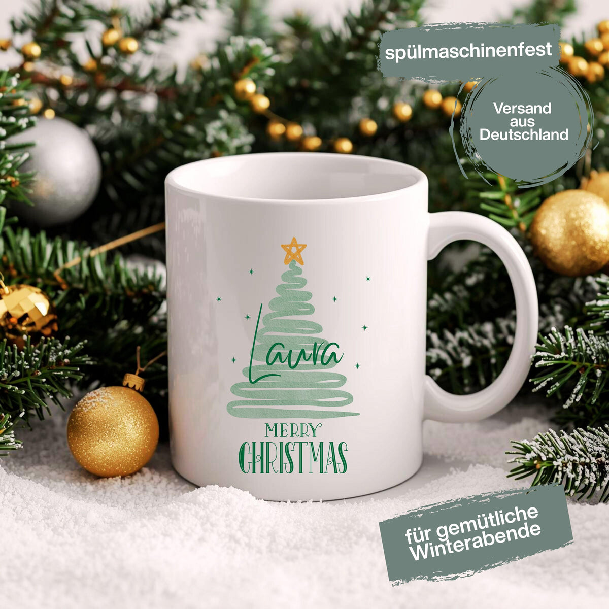 Personalisierbare Weihnachtstasse mit modernem Tannenbaum-Design in Mintgrün, verziert mit einem goldenen Stern und dem Schriftzug "Merry Christmas" – darunter individualisierbar mit Wunschnamen wie Felix oder Laura. Die Keramiktasse ist ein Geschenk zu Weihnachten für Freunde, Kinder, Partner oder Familie. Ideal als individuelles Weihnachtsgeschenk, Wichtelgeschenk oder festliche Wintertasse mit Namen – perfekt für die Adventszeit, Heiligabend oder als besondere Überraschung im Nikola