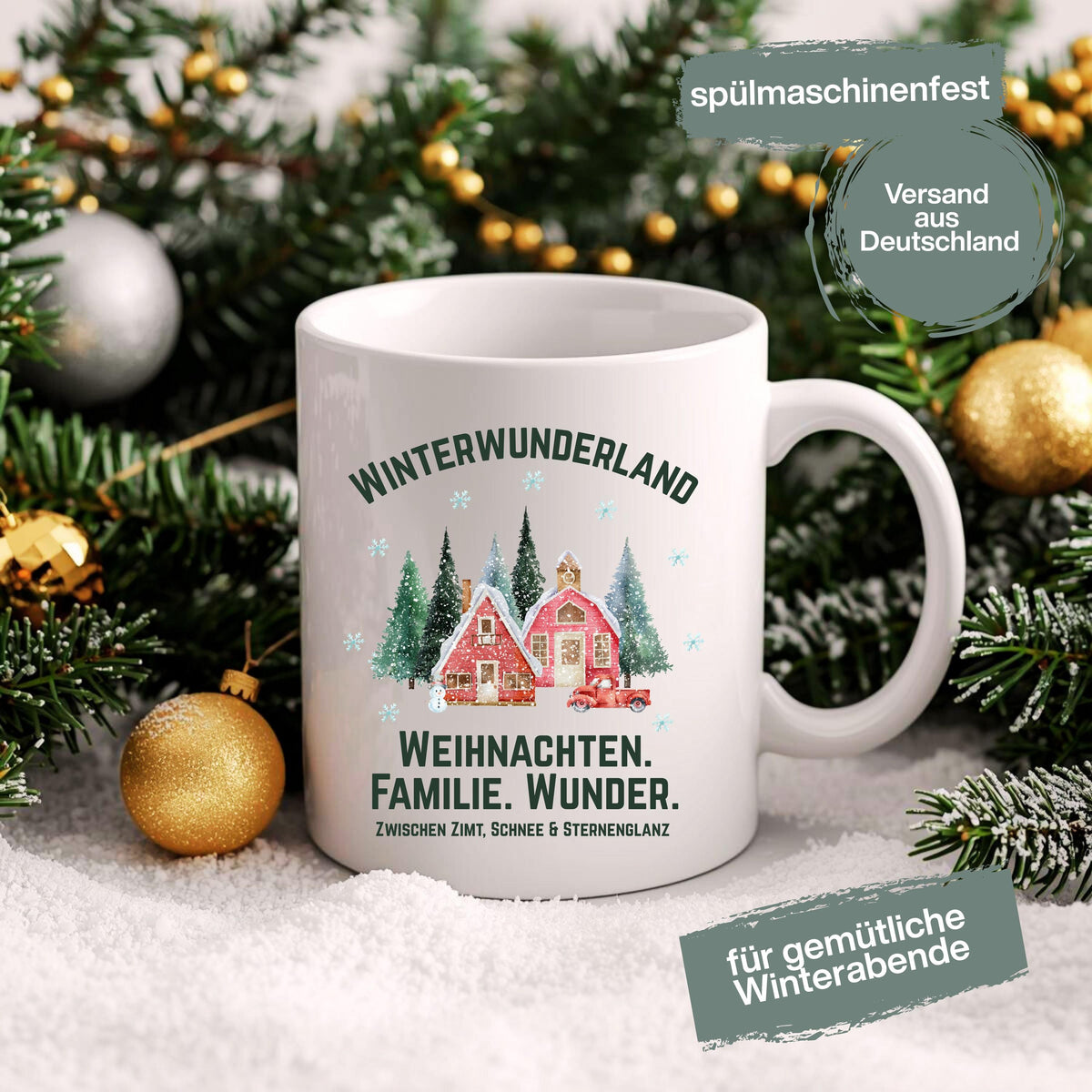 Weihnachtstasse mit Winterwunderland-Motiv und Spruch „Weihnachten. Familie. Wunder.“ – Geschenkidee für Weihnachten, Advent & Winter. Ideal für Familie, Freunde oder Kollegen. Die Tasse zeigt verschneite Häuser, Tannen & Schneeflocken – perfekt für Kaffee, Tee, Kakao oder Glühwein. Hochwertiger Druck, spülmaschinenfest, mikrowellengeeignet. Weihnachtsbecher mit emotionaler Botschaft – für festliche Momente, gemütliche Kaffeepausen oder als liebevolles Geschenk zur Weihnachtszeit. Winterbecher