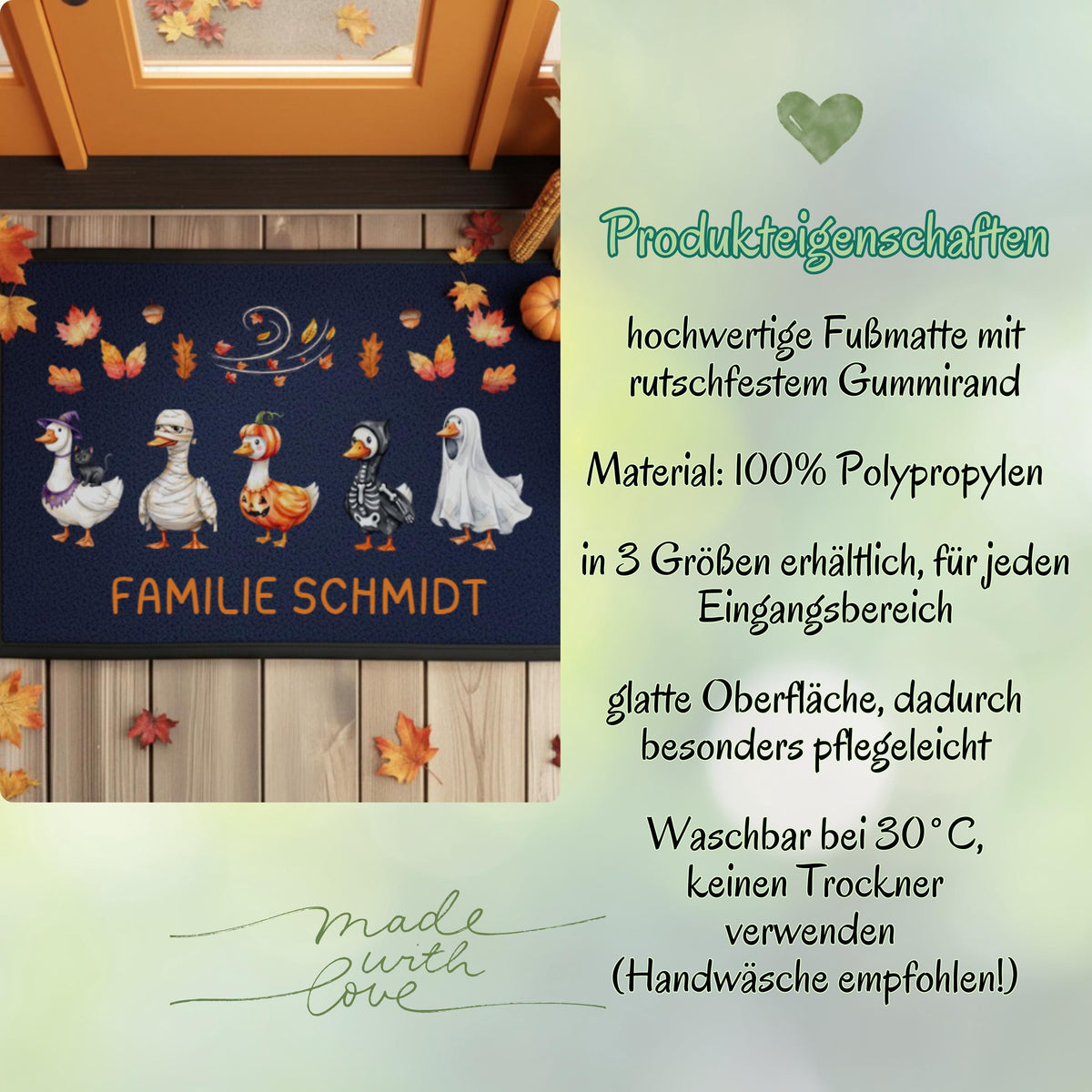 Personalisierte Fußmatte mit Namen für Haustür und Eingang, Herbst Fußmatte und Halloween Fußmatte mit lustigen Gänsen. Individuelle bedruckte Fußmatte als Herbstdeko, Halloween Deko und personalisierte Deko für Zuhause. Lustige Fußmatte mit Gänsen als Geschenk zum Einzug, Geschenk fürs neue Haus, Herbst Geschenk für Familien und Paare. Personalisierte Fußmatte Haus in 3 Größen und 5 Farben, hochwertige Fußmatte mit Gummirand für Eingangsbereich, Herbst und Halloween.