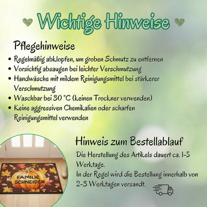 Personalisierte Herbst Fußmatte mit Namen für Haustür und Eingang, Kürbis Fußmatte mit buntem Herbstlaub als individuelle Herbstdeko. Bedruckte Fußmatte personalisiert für Familie und Paare, Geschenk zum Einzug, Geschenk fürs neue Haus und Herbst Geschenk für Kürbisfans. Personalisierte Fußmatte Familie in 3 Größen und 5 Farben mit rutschfestem Gummirand. Herbst Fußmatte, Kürbis Deko und personalisierte Eingangsmatte für die gemütliche Jahreszeit, Produktion und Versand aus Deutschland.