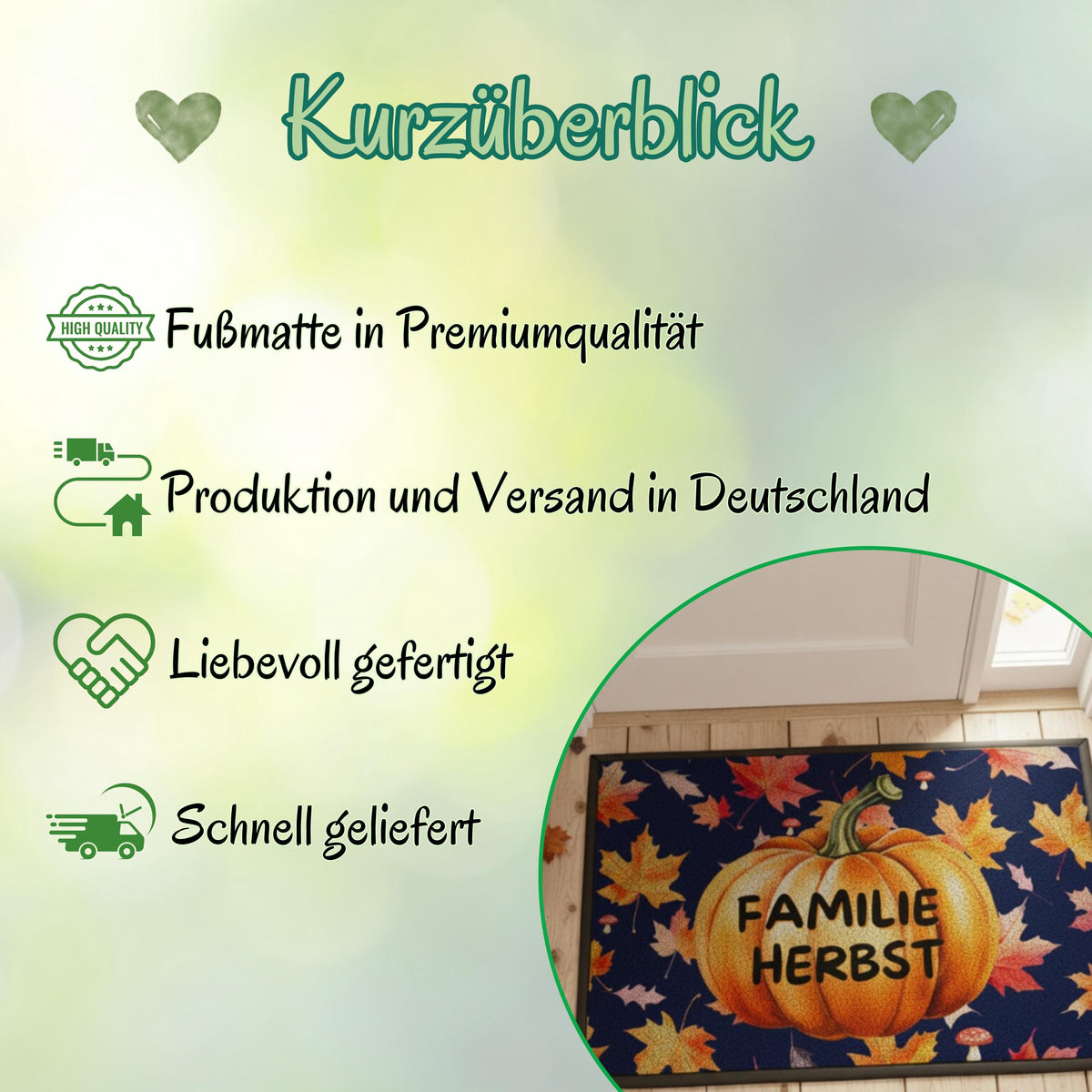 Personalisierte Herbst Fußmatte mit Namen für Haustür und Eingang, Kürbis Fußmatte mit buntem Herbstlaub als individuelle Herbstdeko. Bedruckte Fußmatte personalisiert für Familie und Paare, Geschenk zum Einzug, Geschenk fürs neue Haus und Herbst Geschenk für Kürbisfans. Personalisierte Fußmatte Familie in 3 Größen und 5 Farben mit rutschfestem Gummirand. Herbst Fußmatte, Kürbis Deko und personalisierte Eingangsmatte für die gemütliche Jahreszeit, Produktion und Versand aus Deutschland.
