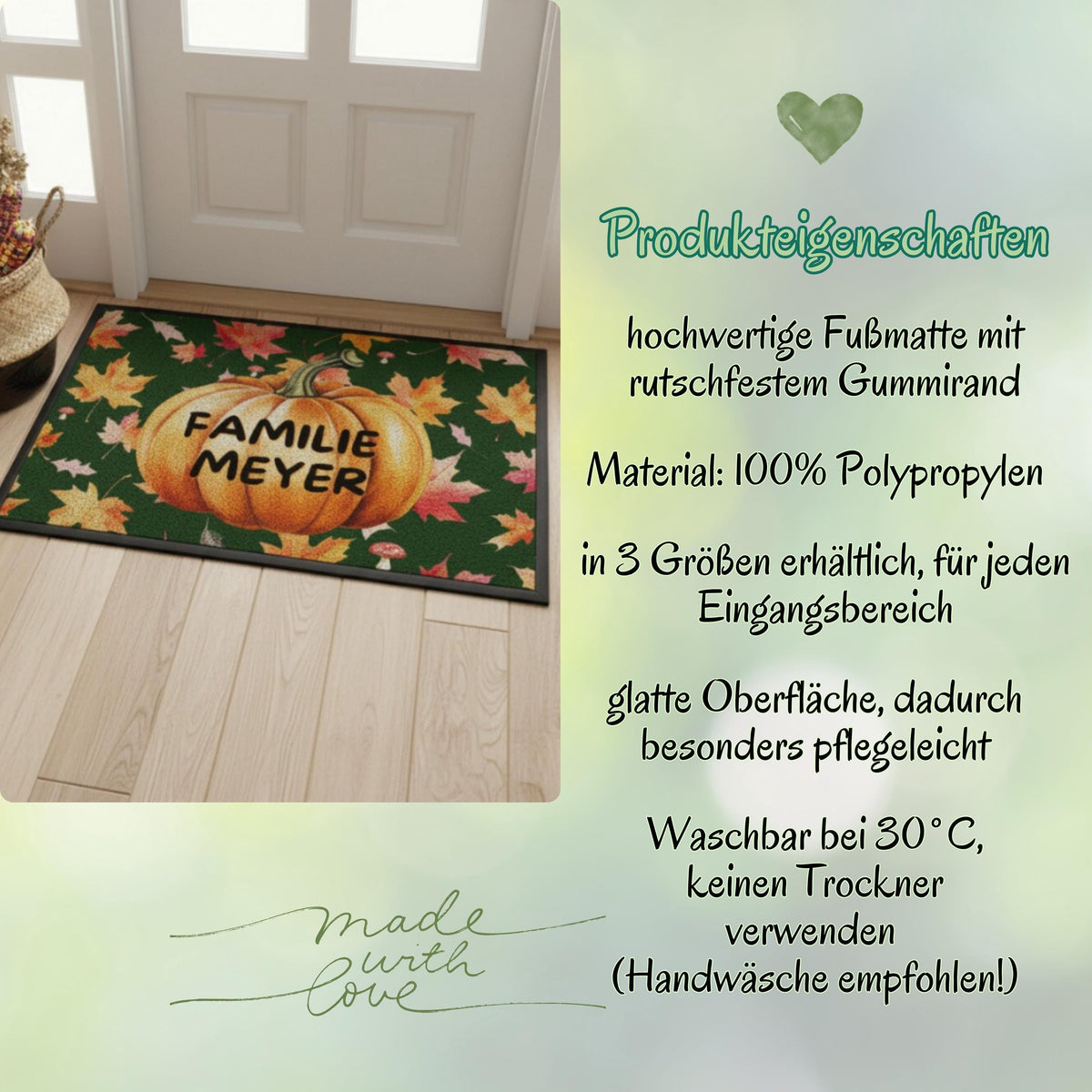 Personalisierte Herbst Fußmatte mit Namen für Haustür und Eingang, Kürbis Fußmatte mit buntem Herbstlaub als individuelle Herbstdeko. Bedruckte Fußmatte personalisiert für Familie und Paare, Geschenk zum Einzug, Geschenk fürs neue Haus und Herbst Geschenk für Kürbisfans. Personalisierte Fußmatte Familie in 3 Größen und 5 Farben mit rutschfestem Gummirand. Herbst Fußmatte, Kürbis Deko und personalisierte Eingangsmatte für die gemütliche Jahreszeit, Produktion und Versand aus Deutschland.
