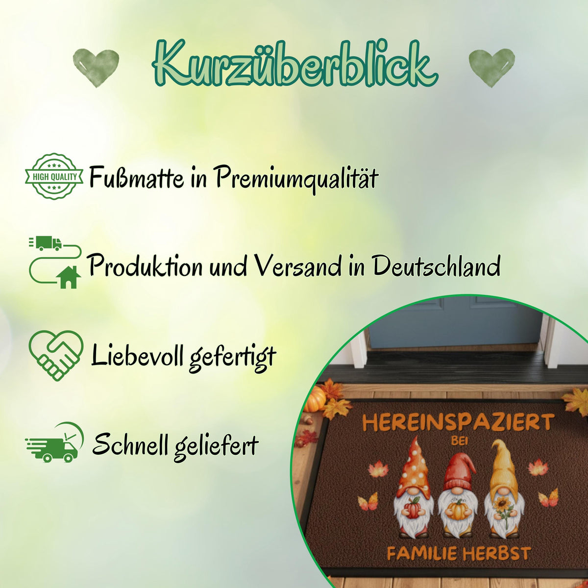 Personalisierte Fußmatte mit Namen für Familie als Herbstdeko für Haustür und Eingangsbereich. Herbst Fußmatte mit drei Wichteln, Kürbissen, Sonnenblume und buntem Herbstlaub sowie dem Spruch Hereinspaziert bei und individueller Personalisierung mit Vornamen, Familienname oder Wunschtext. Individuelle Fußmatte Familie in 3 Größen und 5 Farben, Geschenk zum Einzug, Herbst Geschenk, Wichtel Fußmatte und personalisierte Deko für Haus und Wohnung. Herbst Fußmatte personalisiert mit Namen