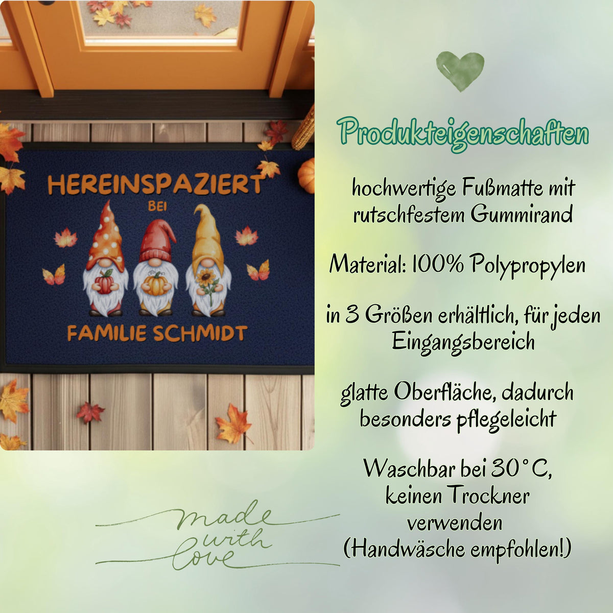 Herbst Fußmatte personalisiert mit Namen | Herbst Fußmatte mit Wichteln | Fußmatte Familie Geschenk zum Einzug | Herbstdeko Wichtel Fußmatte