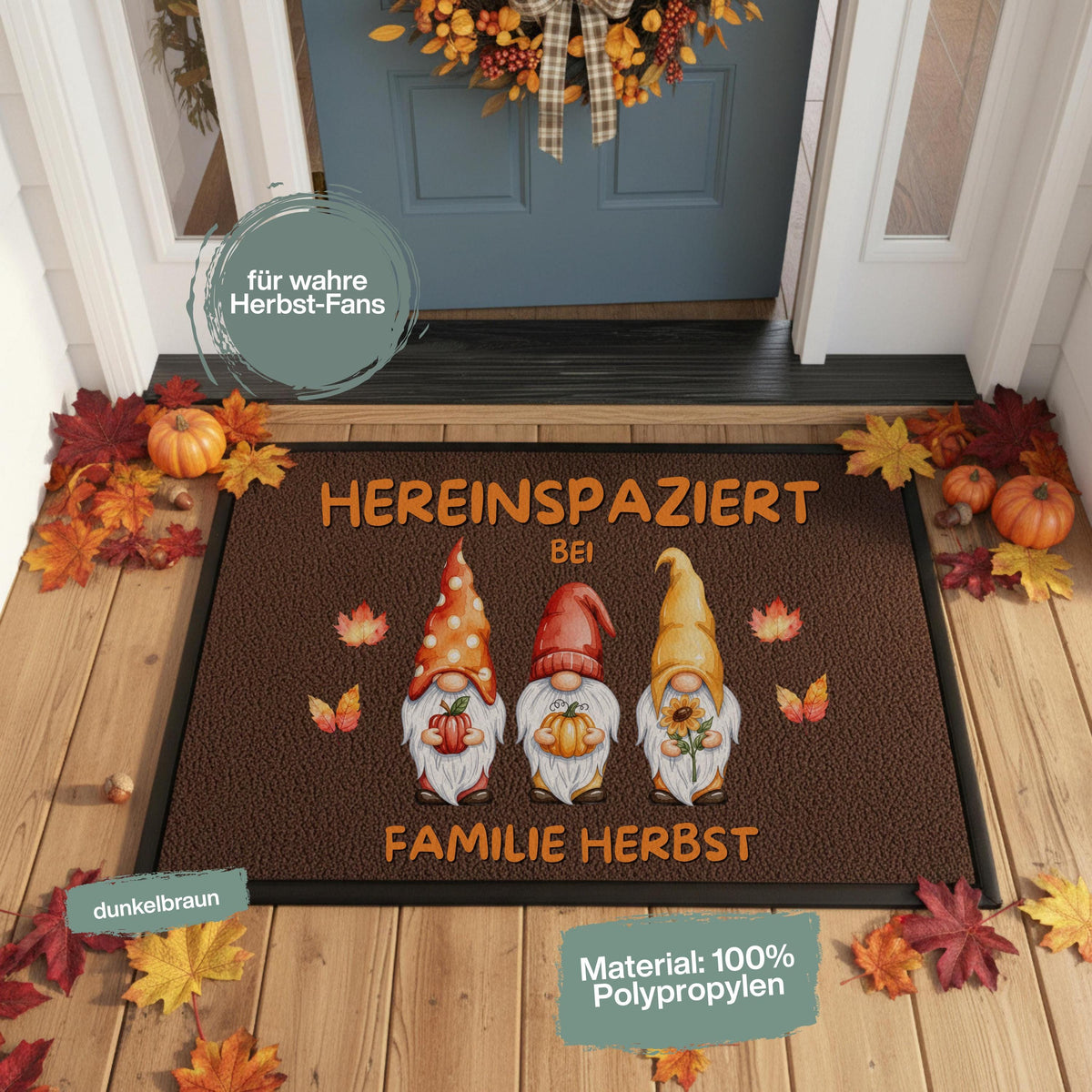 Herbst Fußmatte personalisiert mit Namen | Herbst Fußmatte mit Wichteln | Fußmatte Familie Geschenk zum Einzug | Herbstdeko Wichtel Fußmatte