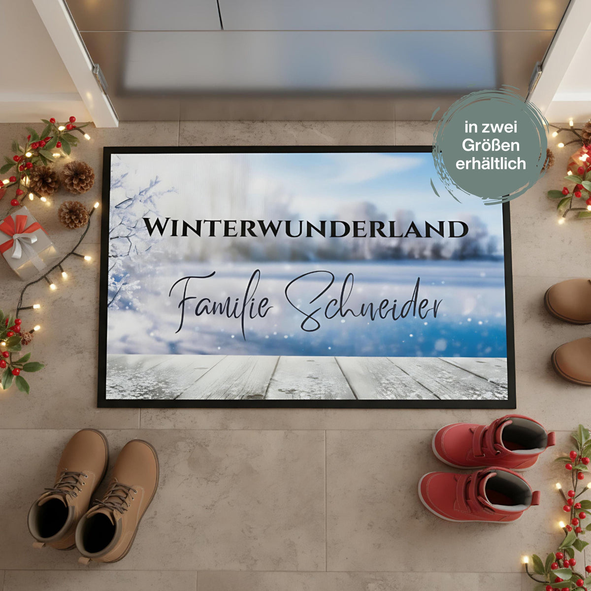 Personalisierte Weihnachtsfußmatte mit dem Schriftzug „Winterwunderland“ und Familiennamen, winterliches Design mit Frost und Schneelandschaft. Diese Türmatte Weihnachten eignet sich ideal als festliche Dekoration für den Eingangsbereich und als Geschenkidee zur Weihnachtszeit. Die rutschfeste, pflegeleichte Fußmatte ist perfekt für Innenräume oder überdachte Außenbereiche. Winterliche Türmatte mit Namen – personalisierbar, hochwertig, robust und ein weihnachtlicher Blickfang für Familien