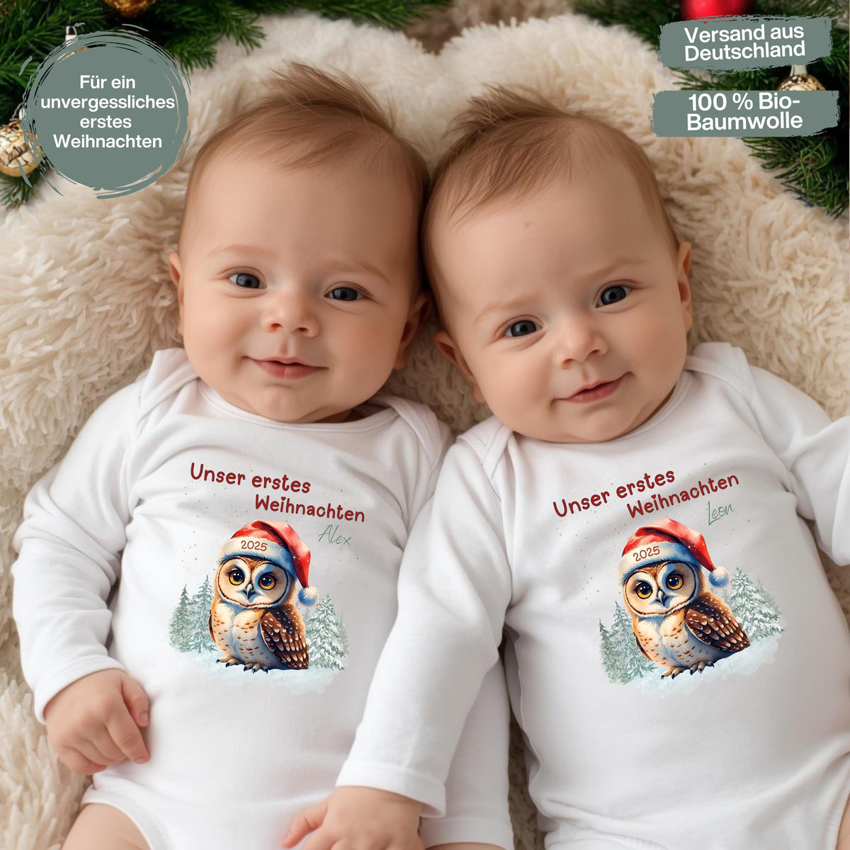 Ein Body, zwei Herzen – der Langarm-Babybody „Unser erstes Weihnachten Zwillinge“ ist ein festliches Weihnachtsoutfit für Babys. Gefertigt aus 100 % Bio-Baumwolle, personalisierbar mit Namen, nachhaltig und hautfreundlich. Perfekt für Familienfotos, als Geschenkidee oder als Andenken an das erste gemeinsame Weihnachtsfest. Dieser Weihnachtsbody Zwillinge personalisiert vereint Stil, Liebe und Nachhaltigkeit – das ideale Geschenk Weihnachten Baby.