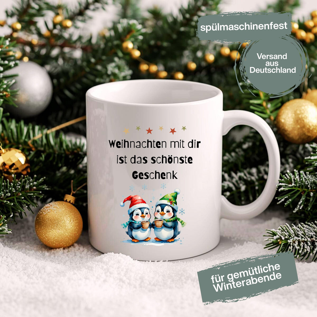 Weihnachtstasse mit Spruch „Weihnachten mit dir ist das schönste Geschenk“ als originelle Geschenkidee für Freundin, Partnerin, Kollegin oder Ehefrau. Die Kaffeetasse zeigt zwei niedliche Pinguine mit Weihnachtsmütze, die Kakao halten – perfekt für Winter, Advent und Weihnachtszeit. Lustige Tasse Weihnachten für Paare, Familien, Büro oder Zuhause. Hochwertiger Keramikbecher, ideal als kleines Geschenk, Wichtelgeschenk oder Weihnachtsgeschenk für Frauen, Pinguin-Fans, Kollegen, Kaffeeliebhaber.