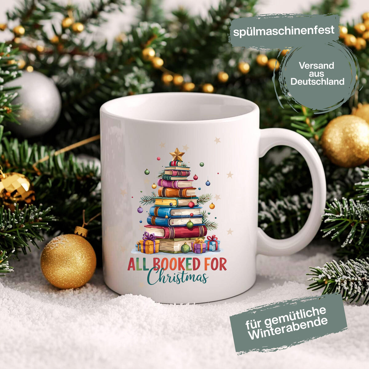 Witzige Weihnachtsgeschenk Tasse mit Bücher-Stapel und Spruch „All Booked for Christmas“. Perfekt für Buchliebhaber, Leseratten und Vielleser. ideal als tasse mit spruch für Frauen Männer als kaffeetasse mit Spruch für Kollegin oder Freundin, oder als lustige tasse Weihnachten. Auch als Wichtelgeschenk, kleines Geschenk zu Weihnachten oder Nikolausgeschenk geeignet. Für Literaturfans, Bibliophile und Tee- oder Kaffeeliebhaber. Keramikbecher mit Humor für gemütliche Lesestunden in der Winterzeit.