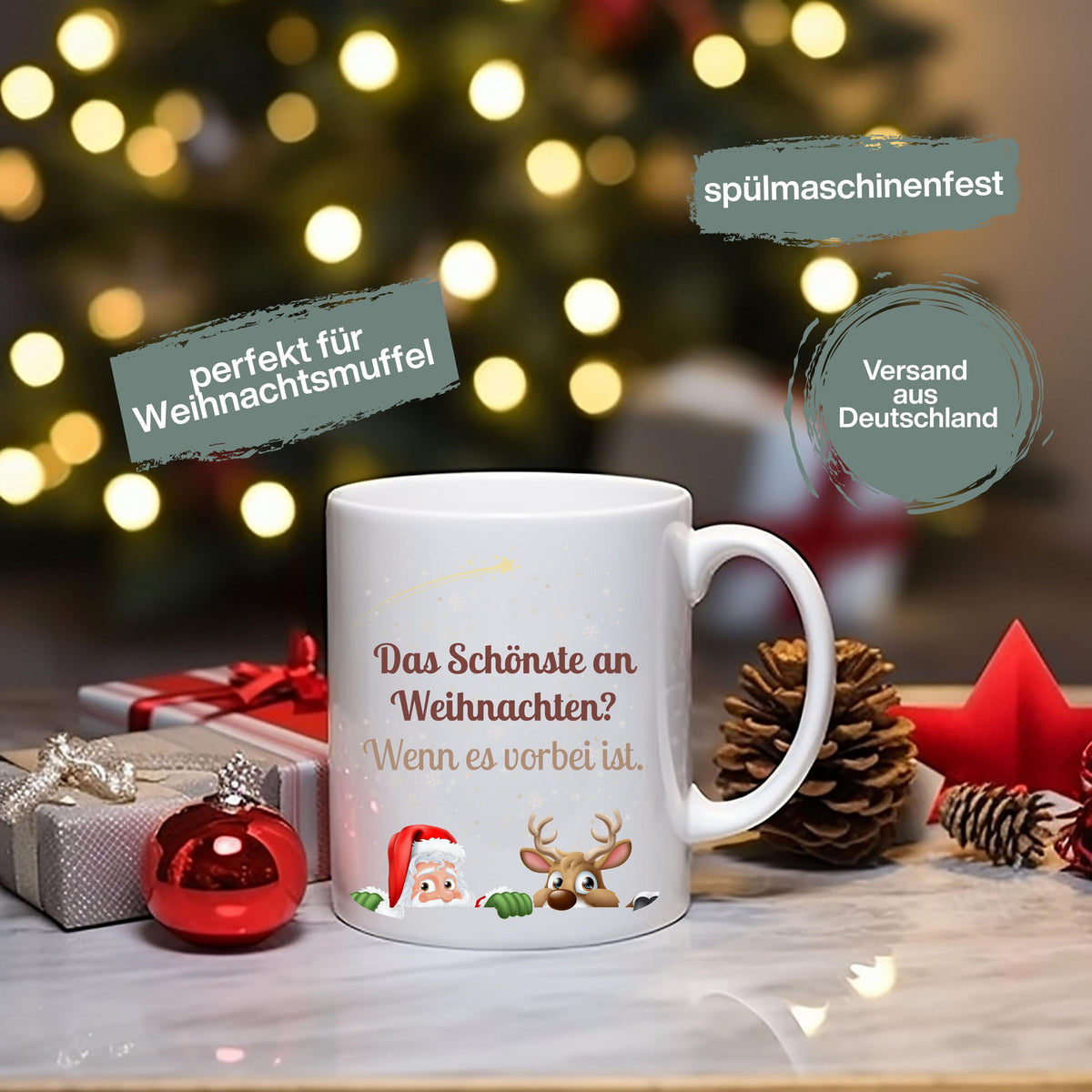 Lustige Anti-Weihnachtstasse mit Spruch „Das Schönste an Weihnachten? Wenn es vorbei ist“. Weihnachtsbecher mit Rentier und Weihnachtsmann-Motiv, Sarkasmus und Humor. Geschenkidee Weihnachten für Freund, Kollegin, Freundin oder Familie. Perfekt als Wichtelgeschenk, Nikolausgeschenk oder kleines Geschenk für Weihnachtsmuffel. Tasse aus hochwertiger Keramik, beidseitig bedruckt. Ideal für Männer und Frauen, Büro oder Zuhause. Statement-Tasse für alle, die Weihnachten liebe geggeiner