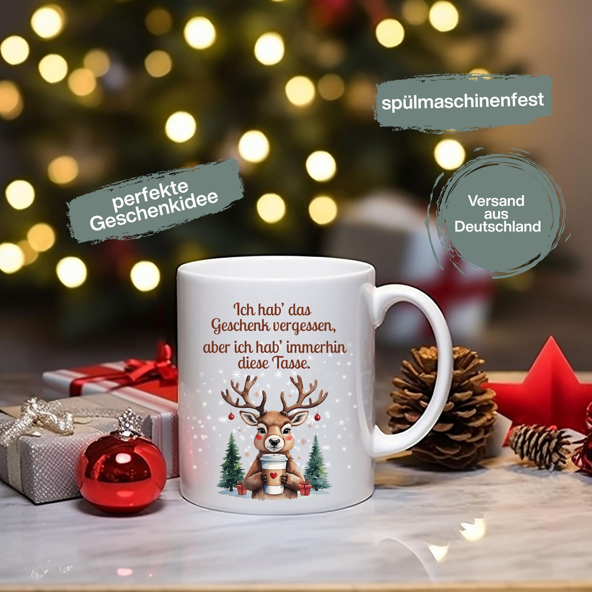 Lustige Weihnachtstasse mit Spruch „Ich hab das Geschenk vergessen, aber ich hab immerhin diese Tasse“, Rentier mit Kaffeebecher, Schnee und Tannen. Weihnachtsbecher aus Keramik, als Geschenk Weihnachten für Kollegin, Freund, Freundin oder Familie. Perfekt als Wichtelgeschenk, Nikolausgeschenk oder kleines Geschenk. Wintertasse mit Humor für Frauen, Männer und Paare. Geschenkidee Weihnachten, Kaffeetasse mit Spruch. Für Weihnachtsfeier oder Advent. Lustige Tasse Weihnachten mit Rentier-Motiv
