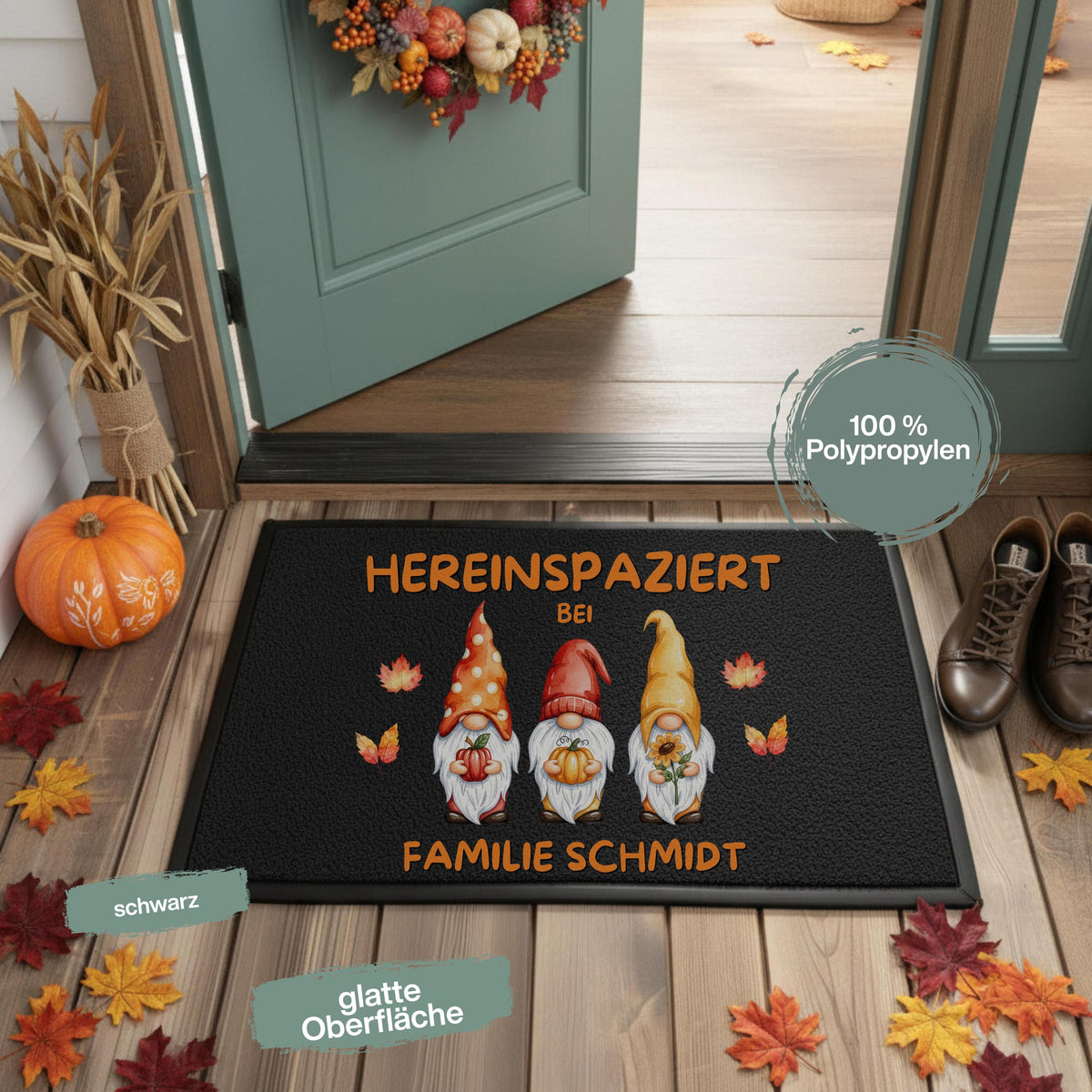 Herbst Fußmatte personalisiert mit Namen | Herbst Fußmatte mit Wichteln | Fußmatte Familie Geschenk zum Einzug | Herbstdeko Wichtel Fußmatte