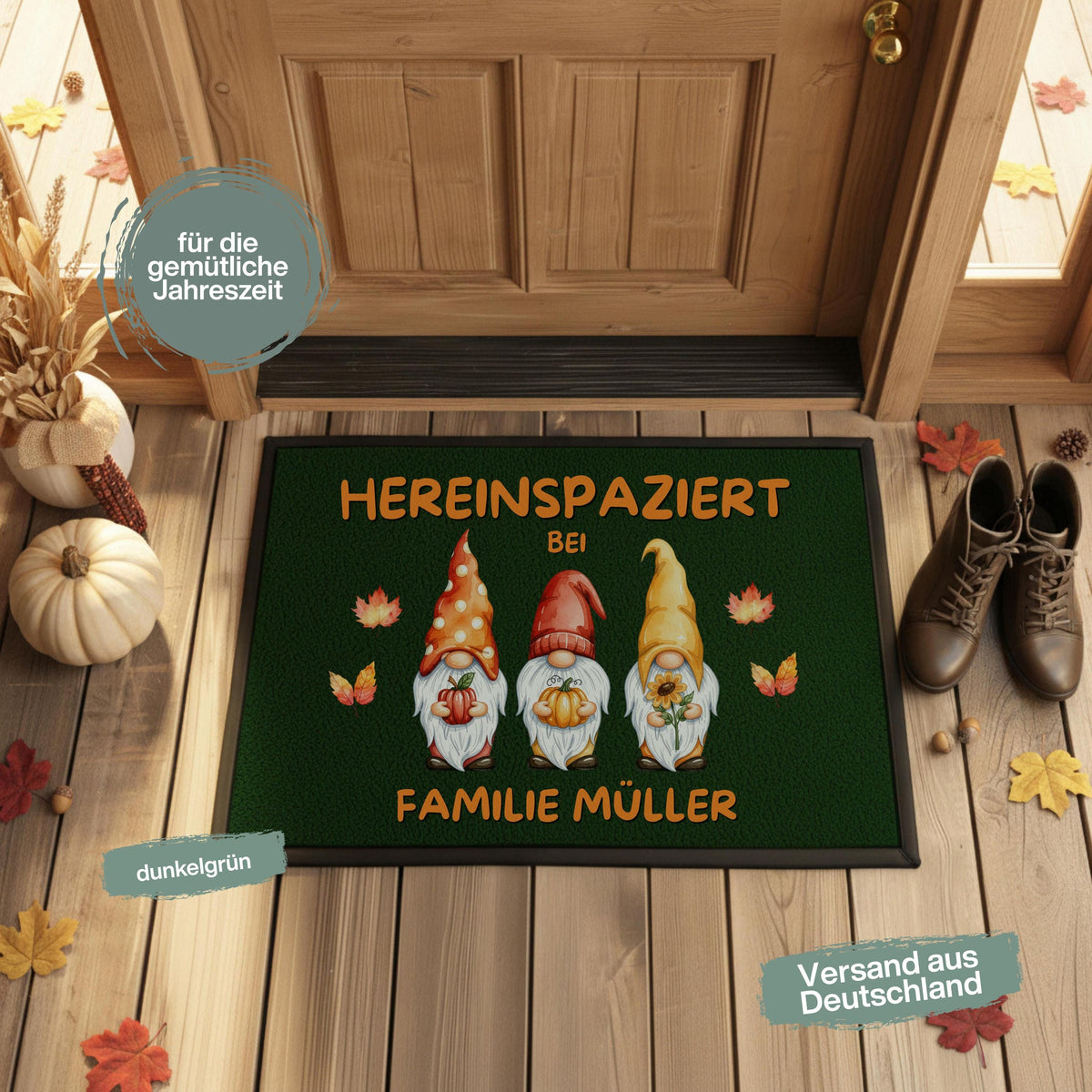 Herbst Fußmatte personalisiert mit Namen | Herbst Fußmatte mit Wichteln | Fußmatte Familie Geschenk zum Einzug | Herbstdeko Wichtel Fußmatte