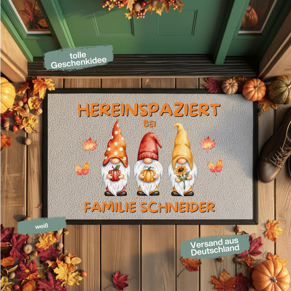 Herbst Fußmatte personalisiert mit Namen | Herbst Fußmatte mit Wichteln | Fußmatte Familie Geschenk zum Einzug | Herbstdeko Wichtel Fußmatte