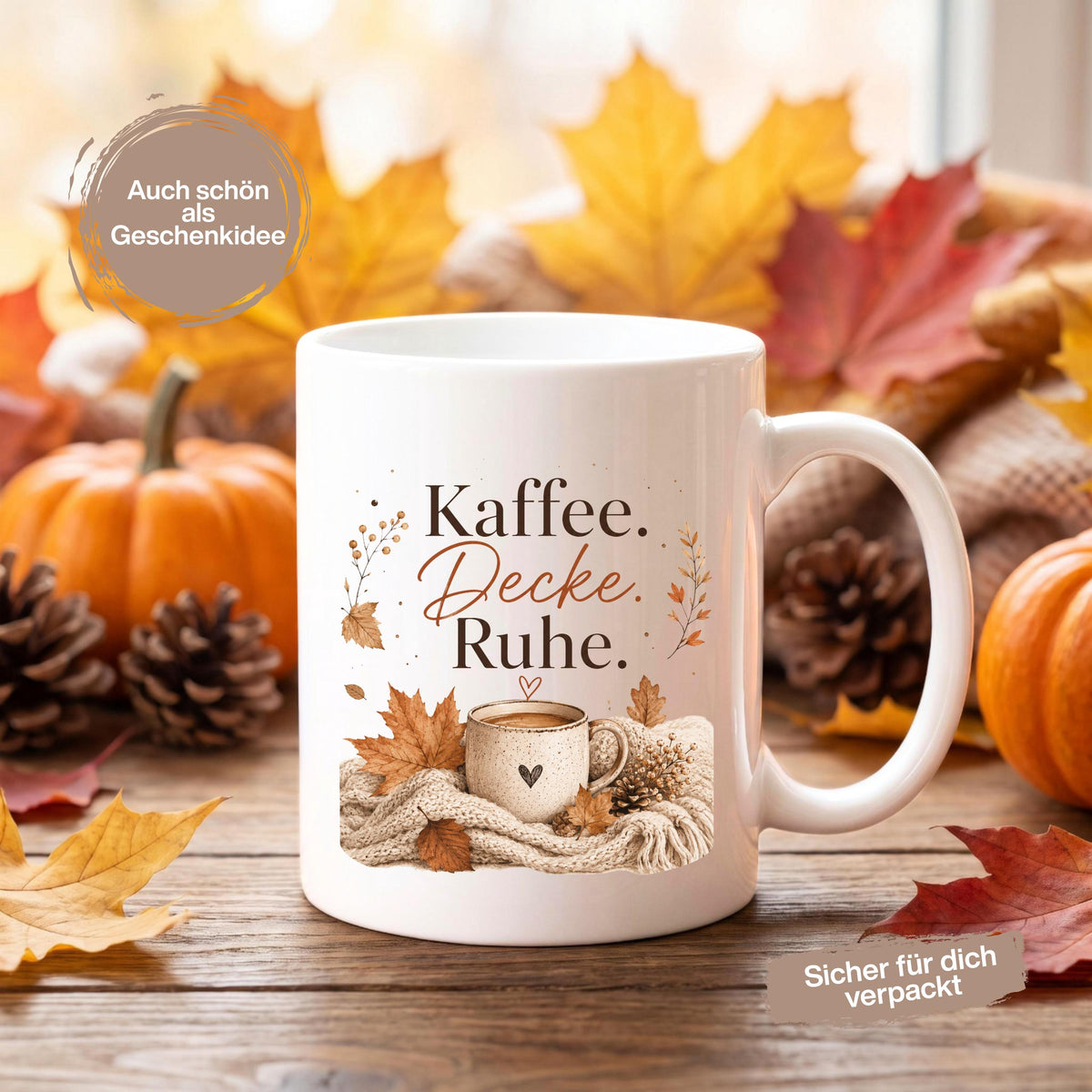 Herbst Tasse Kaffee Decke Ruhe als Geschenk für beste Freundin und Geschenk für Kaffeeliebhaber. Weiße Keramiktasse 330 ml mit gemütlichem Herbstmotiv, Kaffeetasse, Decke und Herbstblättern. Die Herbsttasse eignet sich als Me Time Geschenk, Selfcare Geschenk, Herbst Geschenk und Kaffeeliebhaber Geschenk. Keramiktasse für Cozy Season, Herbstzeit und gemütliche Kaffeemomente, spülmaschinenfest und ideal als Tasse mit Herbstmotiv, Herbst Kaffeebecher oder Geschenkidee für Kaffeeliebhaber.